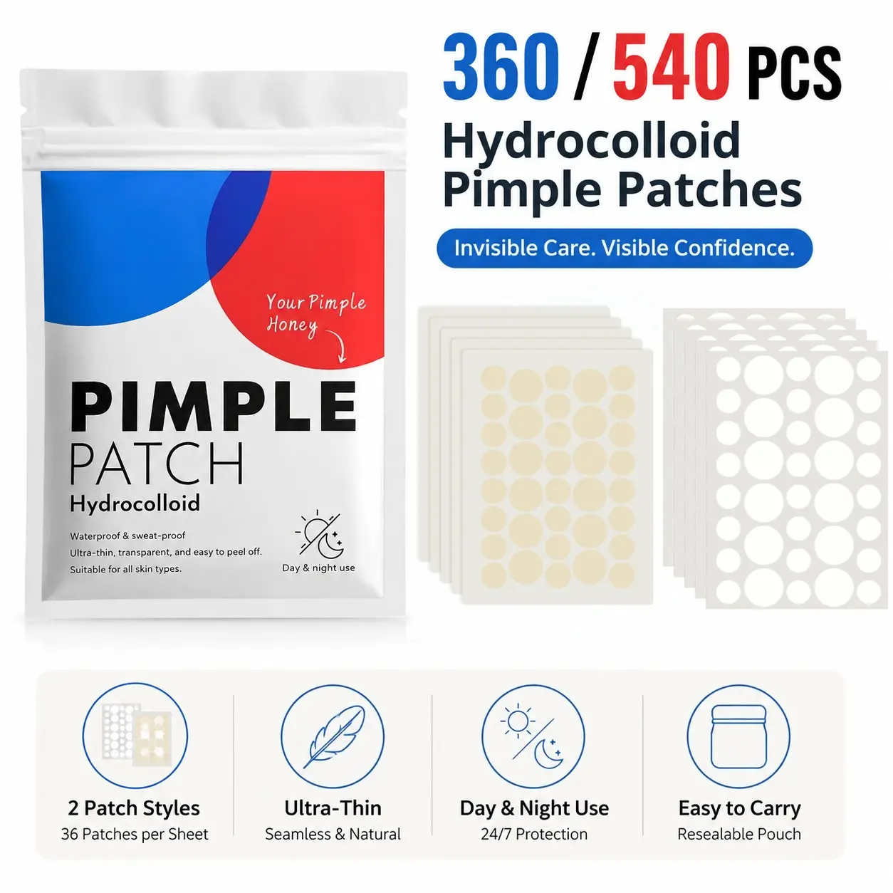 360/720pcs Transparent & Skin-Tone Hydrocolloid Pimple Patches, Mixed Round Face Dots, Invisible-Look Cover Stickers for Daily Carry
