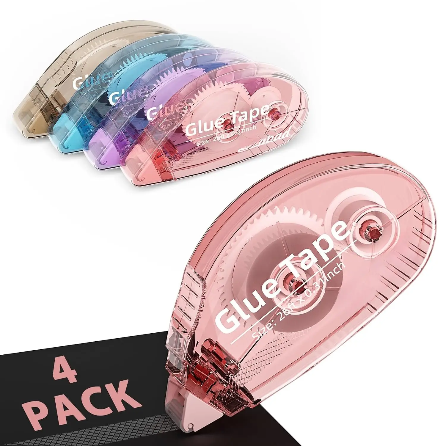 4 Pack Scrapbook Tape, Double Sided Tape Roller for Crafts, Adhesive Glue Runner for Scrapbooking Journal Supplies, Glue Roller for School Office, 0.3IN x 26FT, Light-Colored Shell