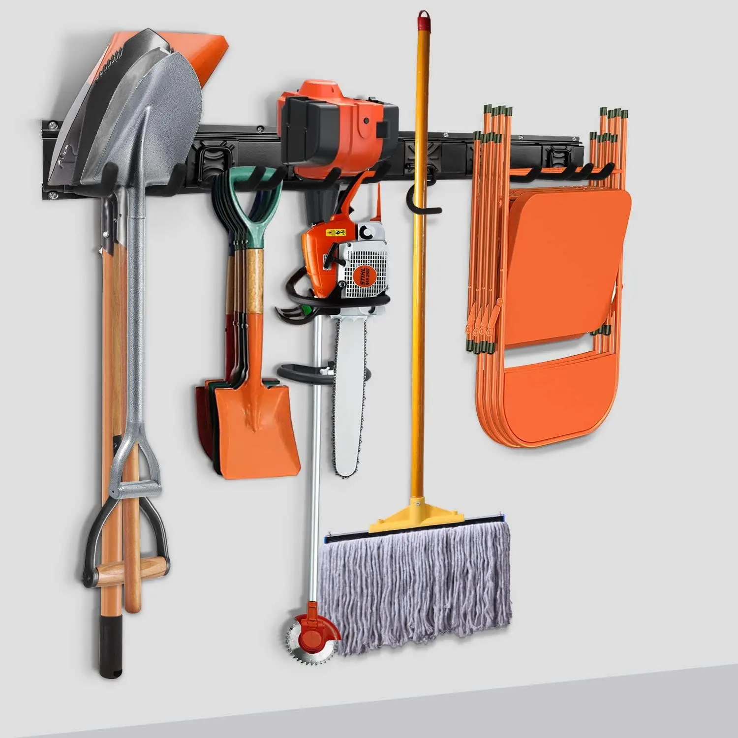Garden Tool Storage Rack, Outdoor Power Tools Hangers for Garage Wall Organization with 6  Multi-Purpose Hooks, Organizer Holders for Landscaping Equipment, Folding Chairs, Ladders etc.