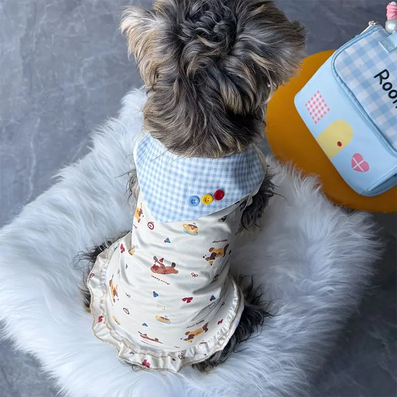 Spring Summer Pet Clothes for Dogs and Cats, Thin Anti-Shed Button Decor, Cartoon Pattern, Breathable, Small Dog Cat Apparel