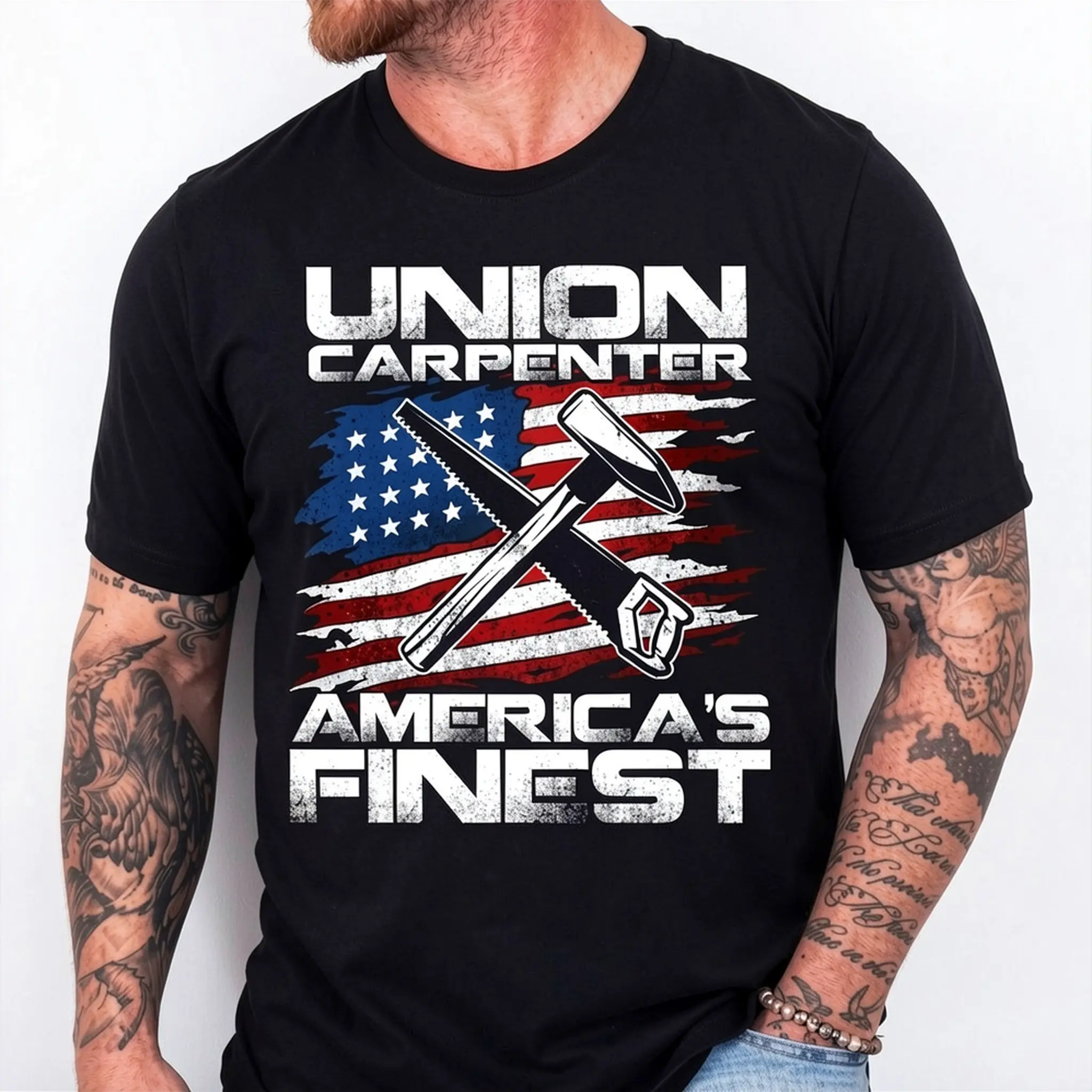 Men's Union Carpenter Graphic T-Shirt, Vintage Funny 100% Cotton Short Sleeve Round Neck Top for Labor Day Gifts, Shortsleeve
