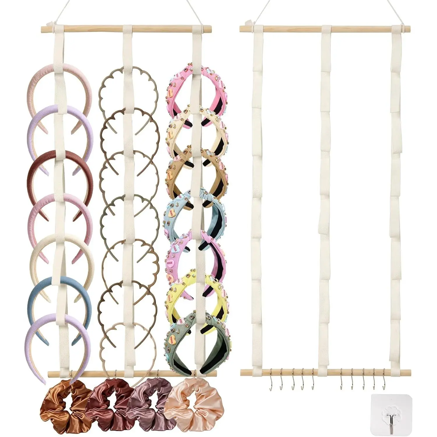 Headband Holder Organizer for Girls, 10 S-Shaped Hooks & Adhesive Hook |  Hairband Storage, White Hairband Display with Wooden Stick, Hair Accessories Organizer for Bedroom, College Dorm