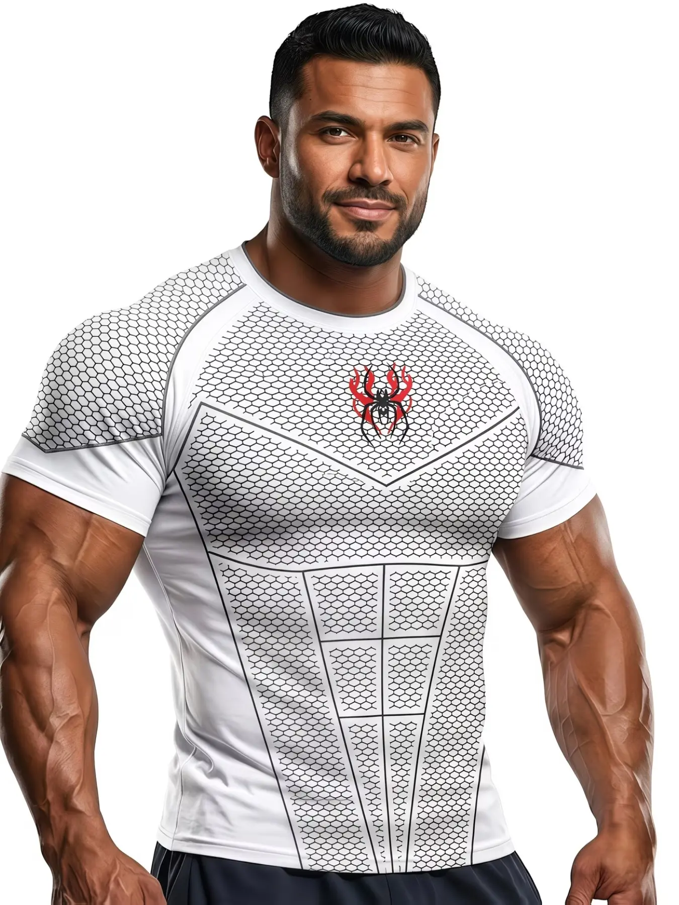 Men's Sporty Short Sleeve T-Shirt, High Elasticity Quick-Dry Mesh Design, Spider Pattern, Ideal for Gym Training, Breathable Fabric