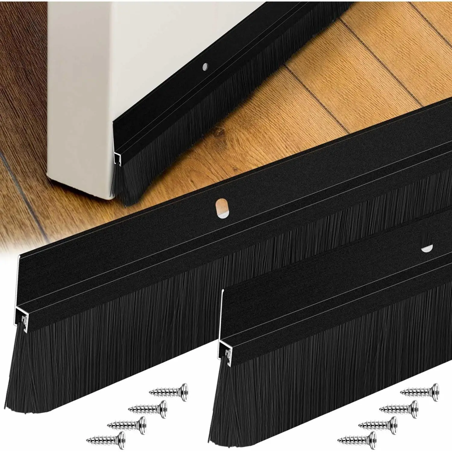 2 Pcs 36 Inches Black Aluminum Door Sweep with Soft PP Brush & 8 Screws, Long Bottom Door Brush for Exterior Home Garage Threshold Seal