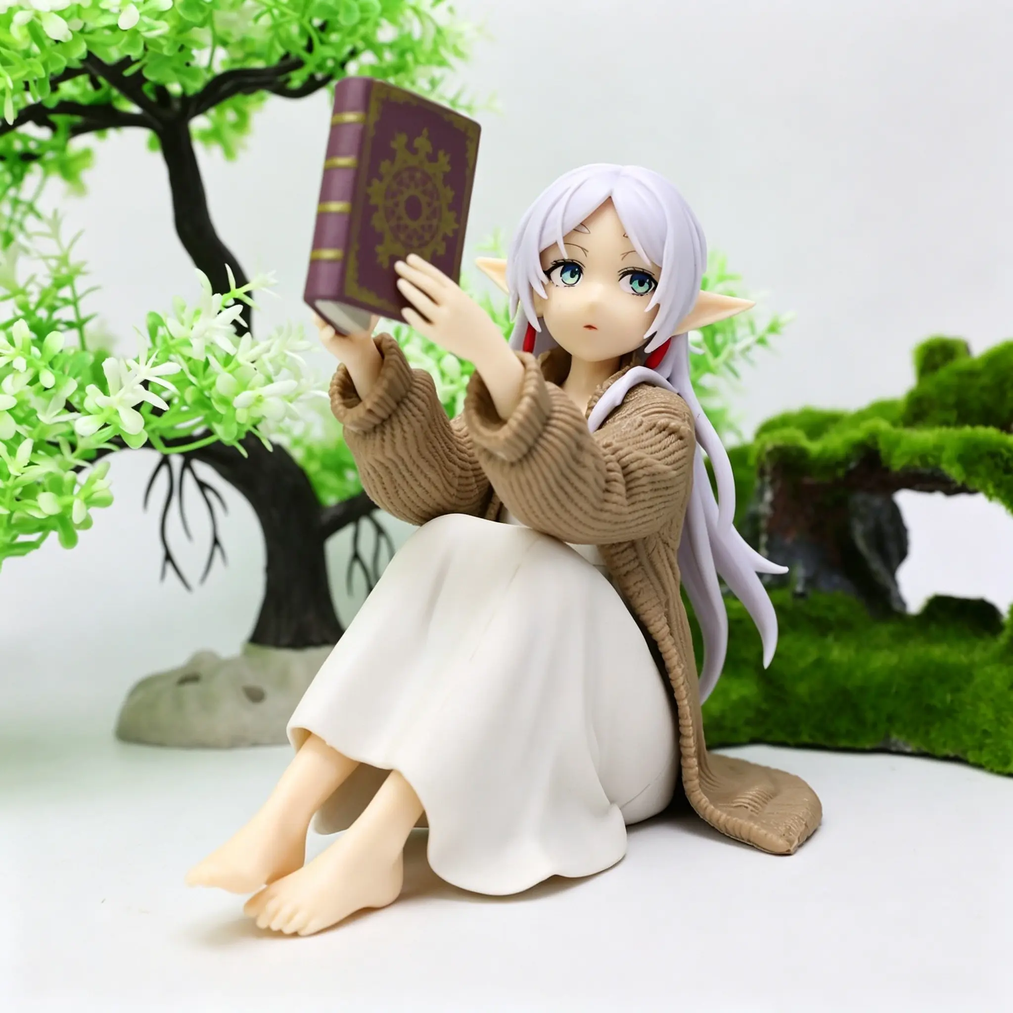 Frieren Sitting Reading Figure 11cm, Detailed Silver Color Long Hair, Knit Cardigan Dress, Magic Book, Soft Texture, Collectible, Home Decor Statue, PVC Collectible Statue