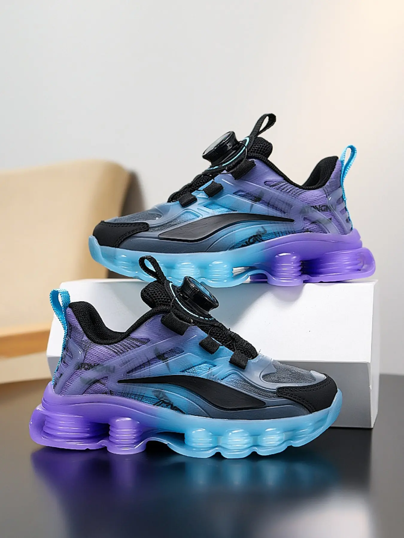 Boys Gradient Rotating Quick Lock Color Block Sneakers, Breathable Mesh Upper, Shock Absorb Air Cushion, Non Slip Sole, Sporty Athletic Trainers, Sports Shoes