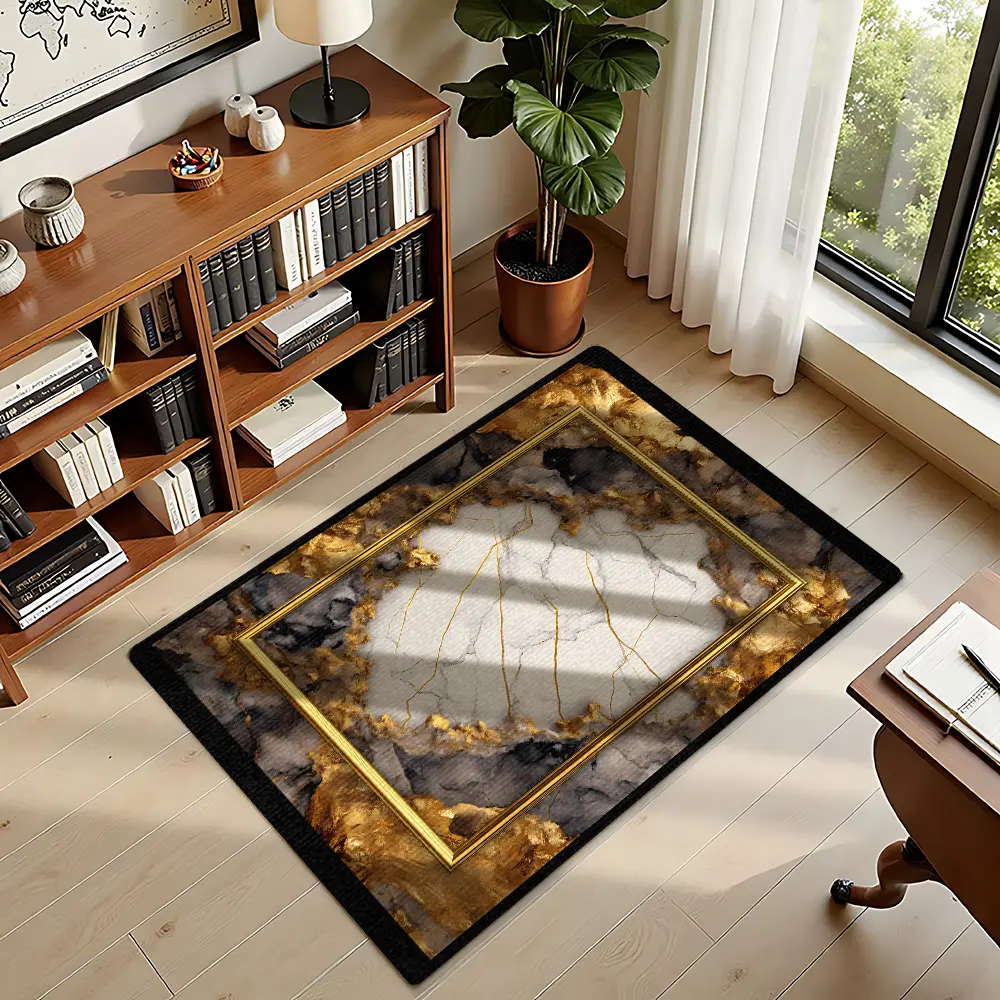 Flannel Ink Gold Marble Texture Area Rug, Double Golden Frame Luxury Decor Floor Mat #MarbleRug #LuxuryHomeDecor #GoldenFrameRug #FlannelRug #LivingRoomCarpet