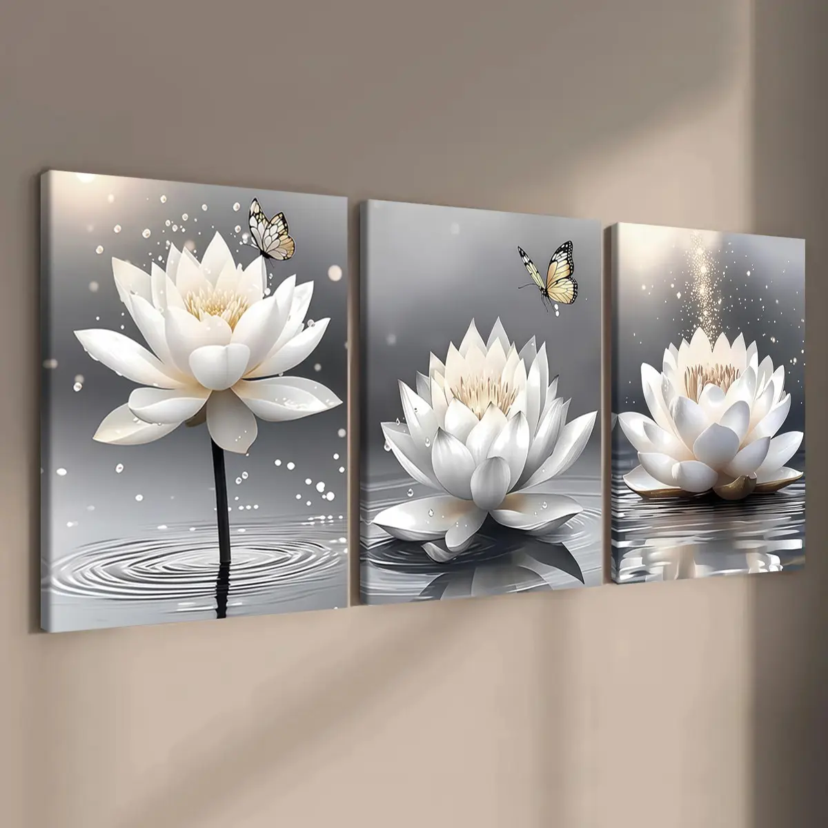 3 count wooden frame canvas, plain white lotus butterfly quiet atmosphere sense triple poster, perfect living room decoration, family poster, modern art decoration, suitable for corridor, office, room bedroom hanging picture, HD, waterproof, gift