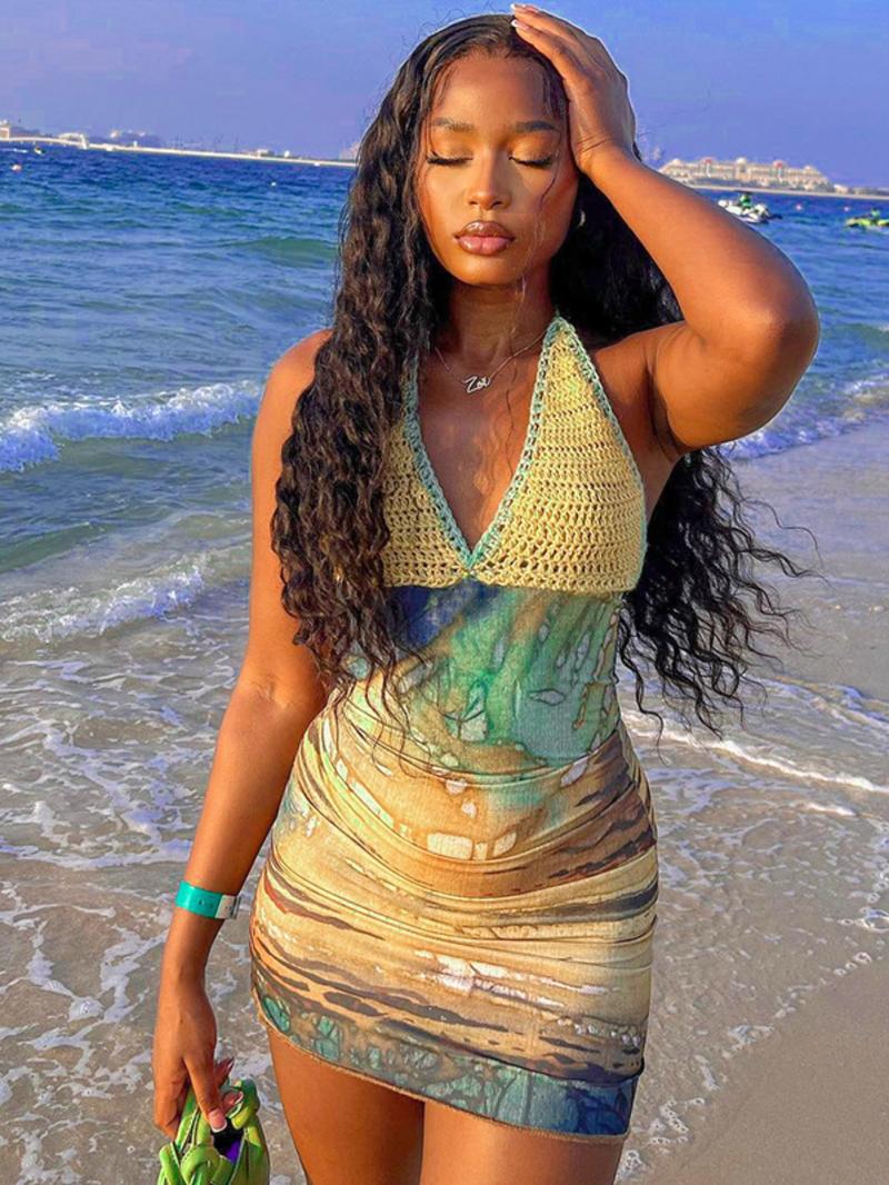 Women's Crochet Patchwork Backless Halter Neck Bodycon Dress, Casual Sleeveless Tie Back Hollow Out Dress for Summer, Fashion Women's Dress for Beach Holiday