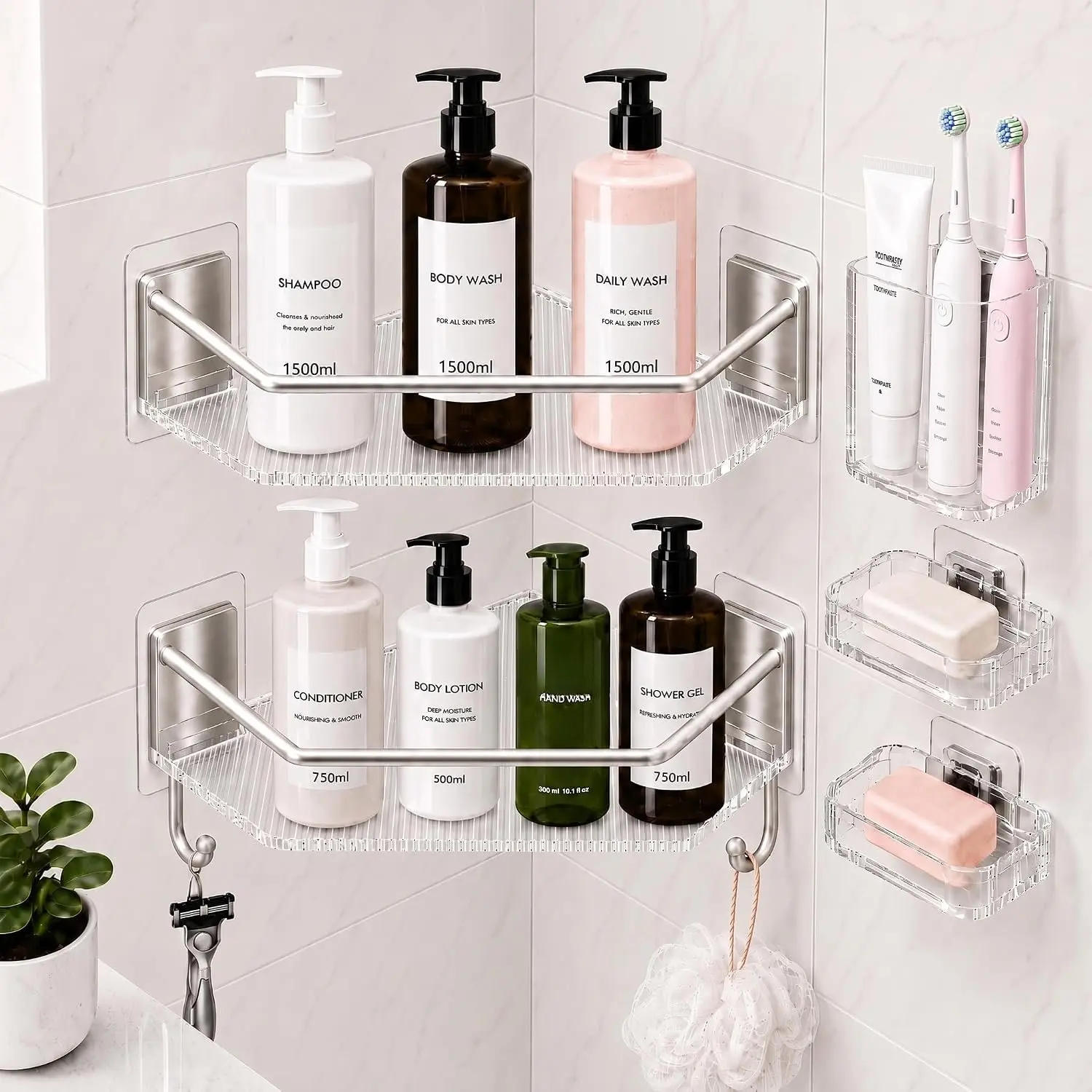 Shower Shelves Wall Mount, Shower Corner Shelf, Adhesive | Shower Organizers for Inside Stall, Clear, with Soap Holder Hooks and Drain Slots, No Drill, for Tile Glass in Small Baths