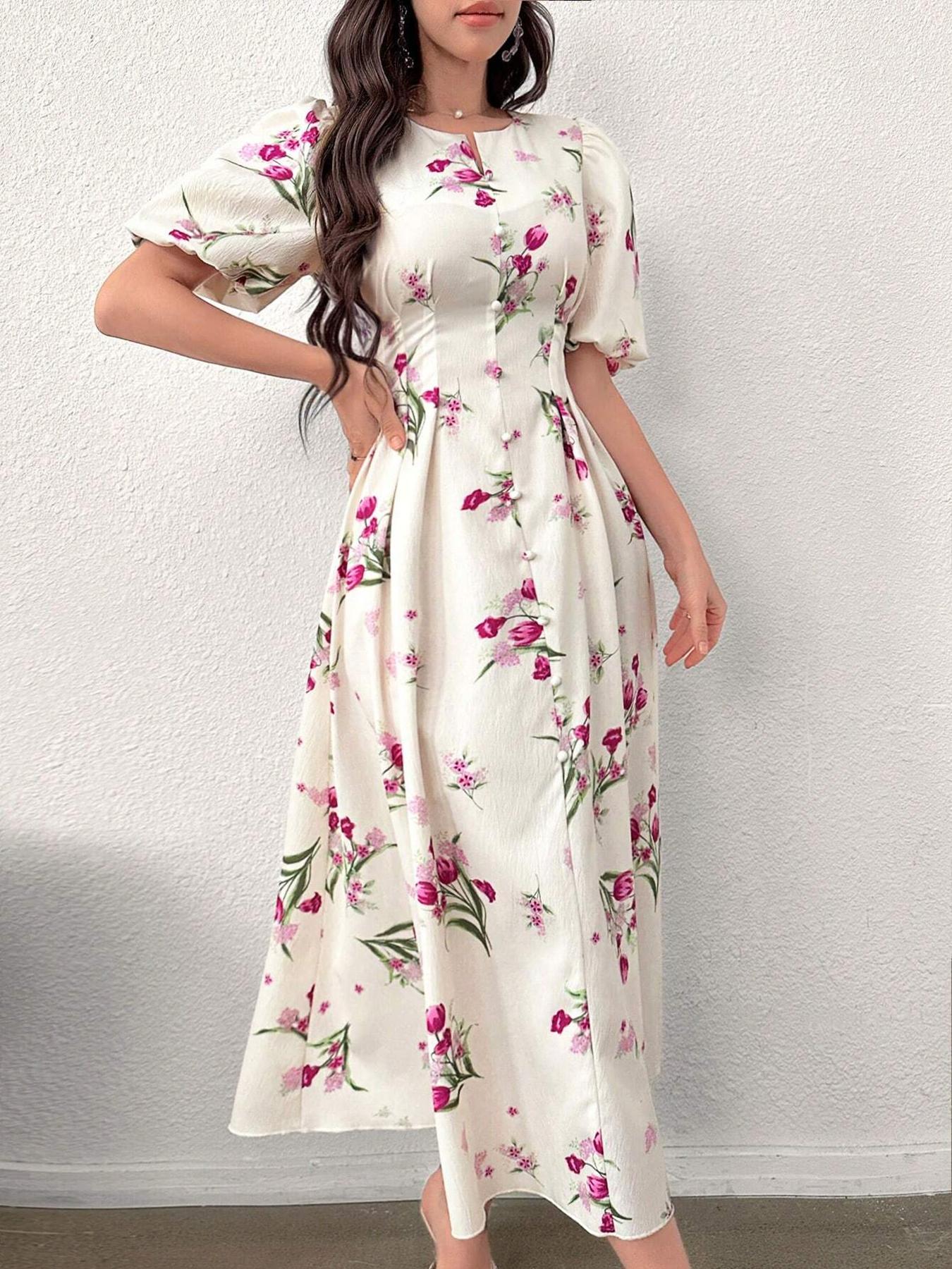 Women's Floral Print Puff Sleeve Dress, Elegant Short Sleeve A Line Dress for Party Holiday Wedding Guest, Ladies Clothes for All Seasons, Womenswear, Shortsleeve, Formal Dresses Women, Wedding Gown
