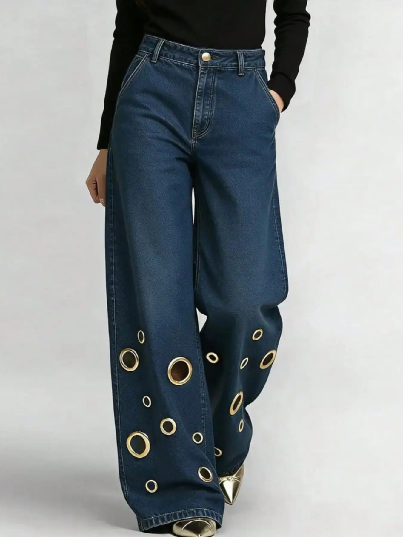 Plus Size Women's Straight Leg Jeans, High Waist Loose Fit Vintage Denim Jeans, Metal Ring Decor, Casual Fashion Long Pants
