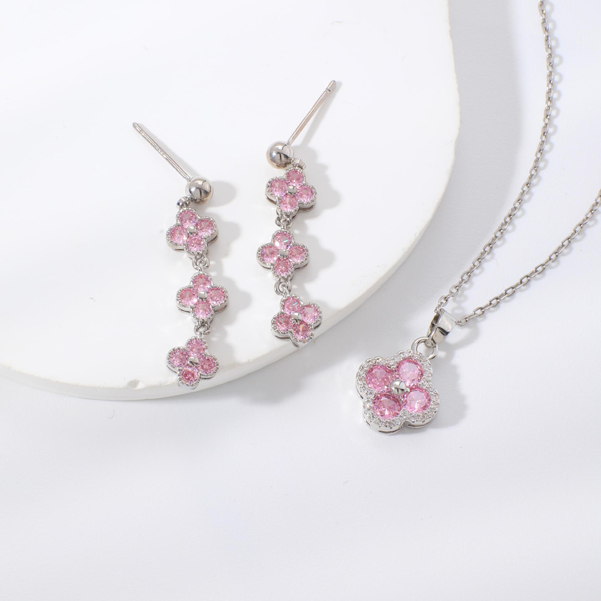 Colorful Lucky Clover Flower Elegant Fashion Copper Inlaid Zircon Earrings Necklace Jewelry Set