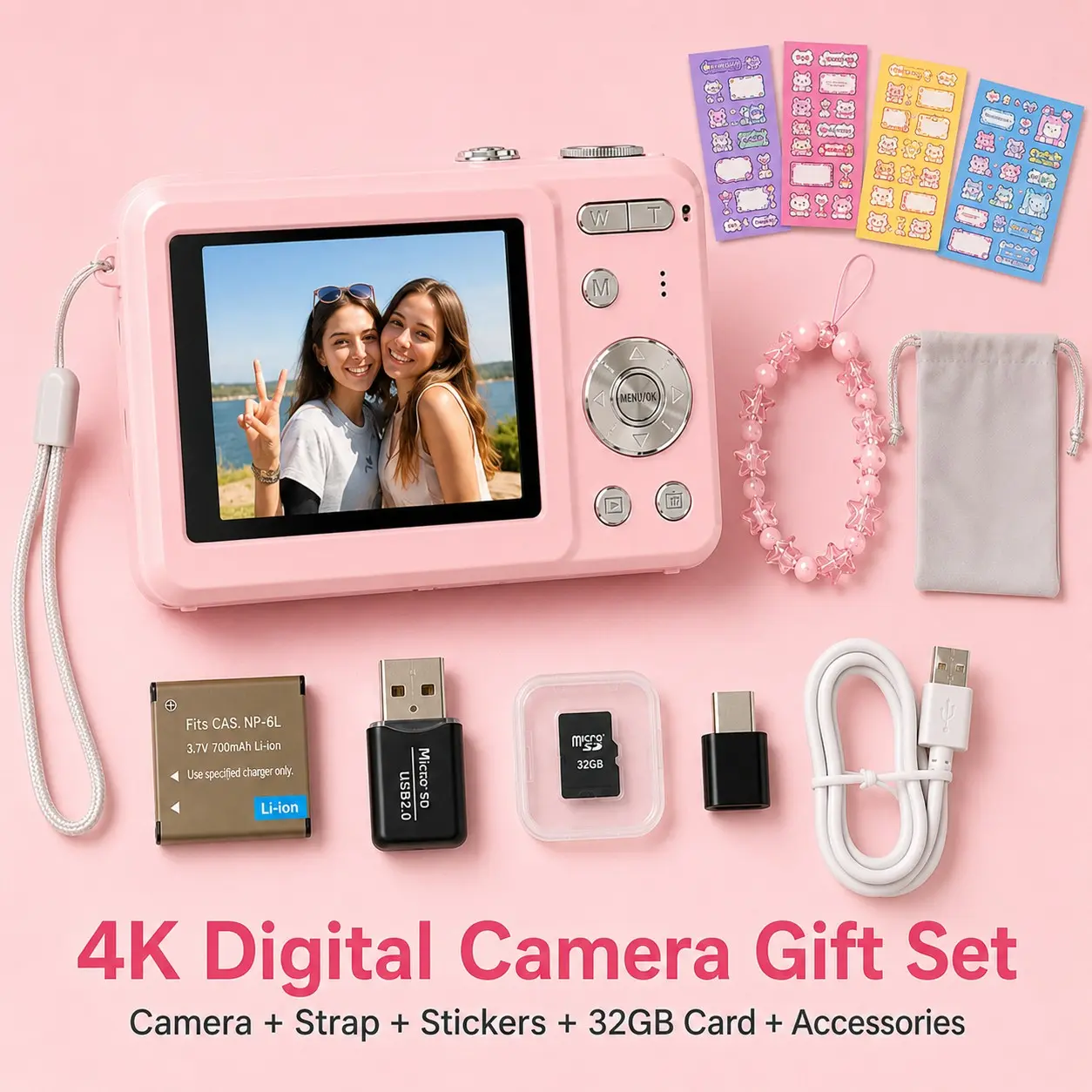 4K HD Digital Camera for Photos & Videos, Cute CCD-Style Campus Camera with Slide Cover, Includes 4Stickers, Perfect Birthday Gift for Girls, Girlfriend & Friends