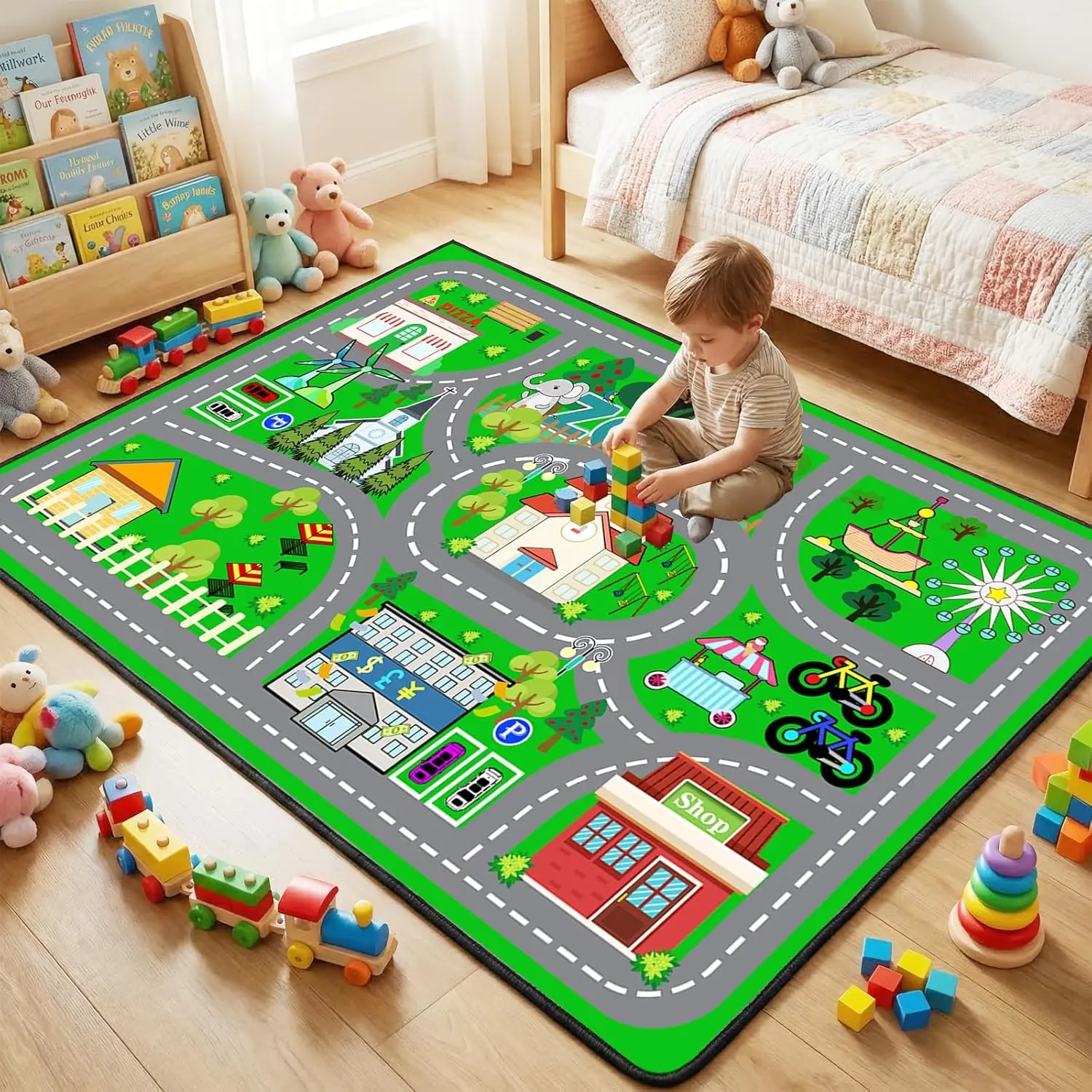 Car Rug Play Mat - Green Road Rug  Kids Boys Room, Fun Race Track Traffic Road Carpet  Boys Playmat Educational Learn, Car Carpet  Kids Room Decor Playmat Bedroom Playroom, 2.5x4 Feet
