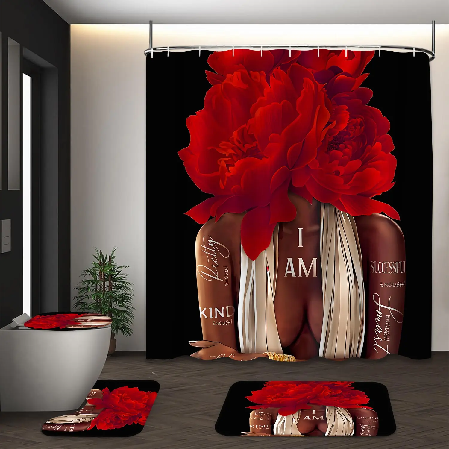 LVRLVR 4Pcs Afro Black Woman Red Peony Floral Self Love Inspirational Quote Print Artwork Luxury Modern Art Style Black Red Brown Tone Bath Shower Curtain Set 70.8×70.8 Inch