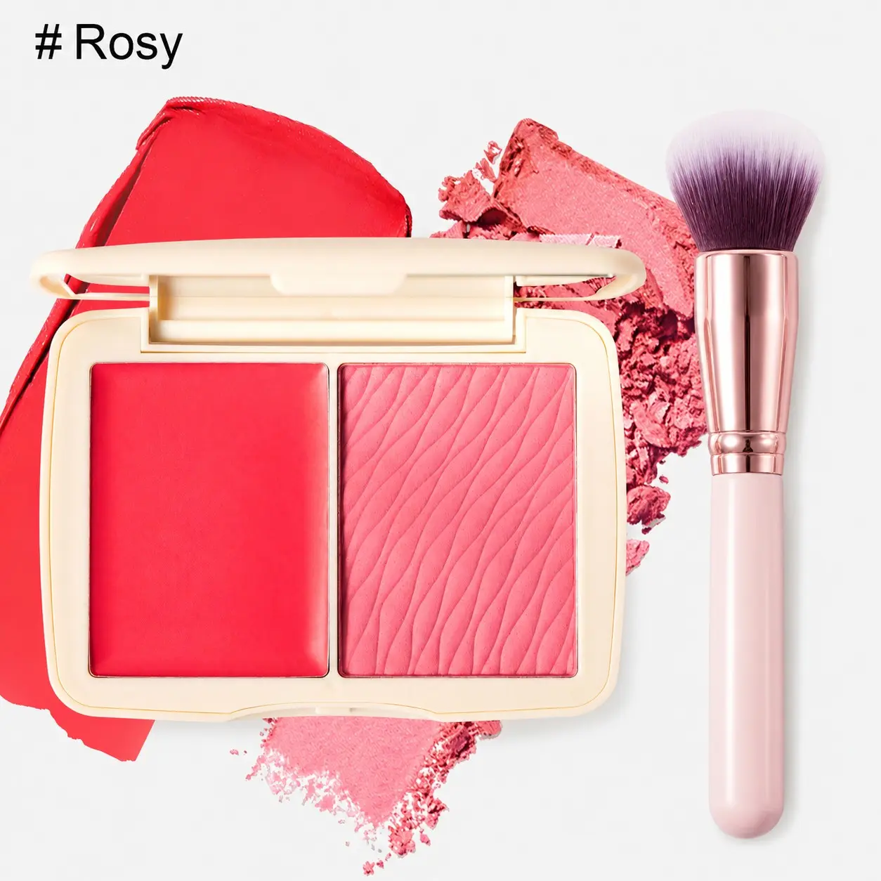2-In-1 Cream Powder Blush Palette with Soft Makeup Brush, Smooth Blendable Shimmer Radiant Cheek Color Compact, Long-Lasting Face Makeup