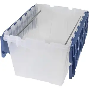 KeepBox 12 Gallon Storage Container, Nesting and Stackable Plastic Storage Box with Lid Attached and Rails for Letter Size Hanging File Folders, 21" x 15" x 12", Clear/Blue