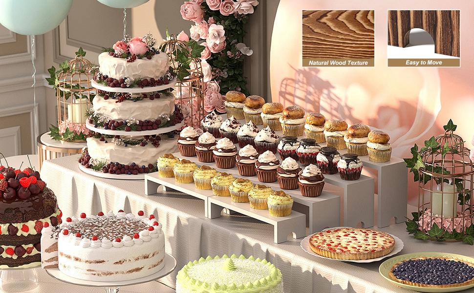 2 Set Large White Wooden Tiered Riser Display Stands for Vendor Events,Stackable Wooden Cupcake Stand,Farmhouse Wood Dessert Table Display Set,Vendor Booth Display Items,Food Display Risers for(12-11.2-10.4-9.6IN)