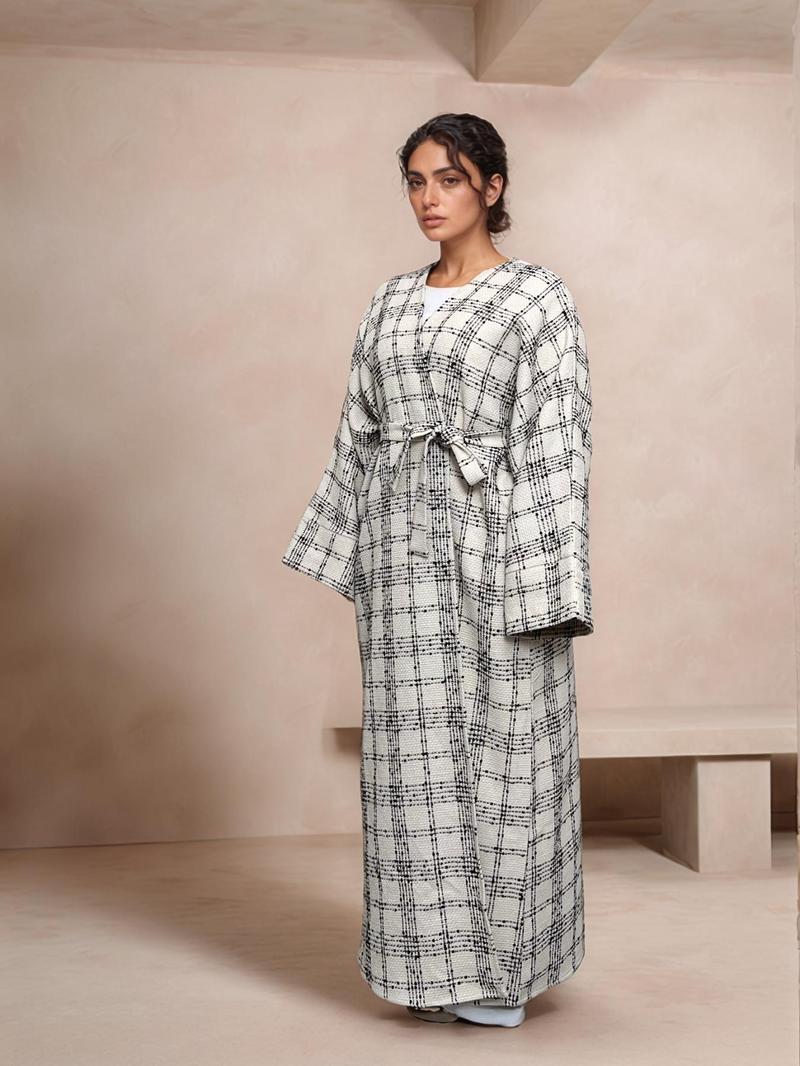 Women's Plaid Print Drop Shoulder Belted Pocket Robe, Casual Long Sleeve Open Front Robe for Fall & Winter, Women's Islamic Clothing for Daily Wear, Modesty Muslim Clothing