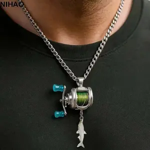 Luxury Fishing Reel Necklace Rotatable Detachable Fishing Reel Ring Exquisite Silver Men Neck Pendant Versatile Jewelry