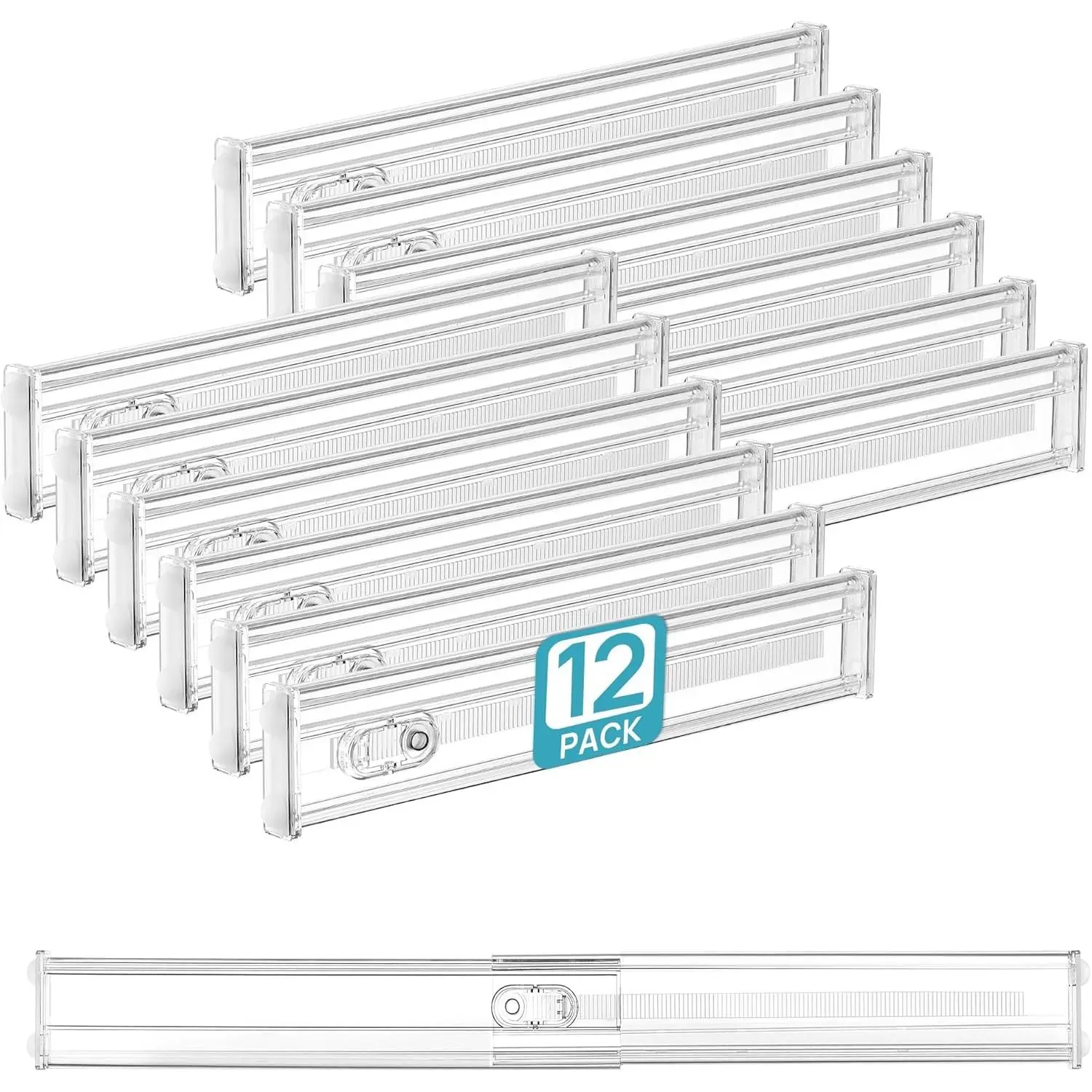 12 Pack 2.36" Short Upgrade Drawer Dividers for Kitchen Drawer, 12.8"-22.3" Expandable Kitchen Drawer Organizer, Clear Plastic Organizer Separator for Flatware, Utensil, Cutlery, Underwear