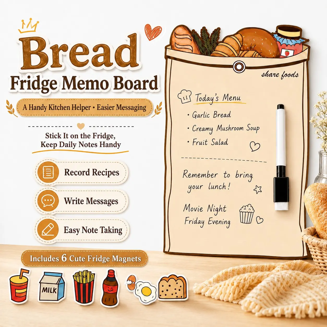 Bread Shape Refrigerator Memo Board Set, Magnetic Dry Erase Board, 6 Food Magnets, Magnetic Marker, Reusable Kitchen Recipe Reminder, Home Decor