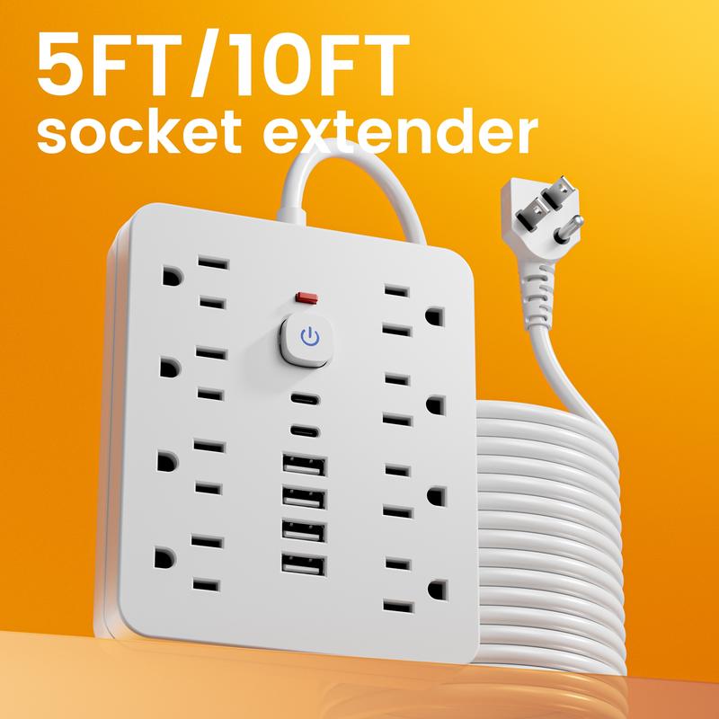 14-in-1 surge-protected power strip with 8 AC ports, 4 USB ports & 2 Type-C ports. Wall-mountable US plug power extension with overload protection and independent controls—essential for home/office safety. Available in 5ft or 10ft cords.