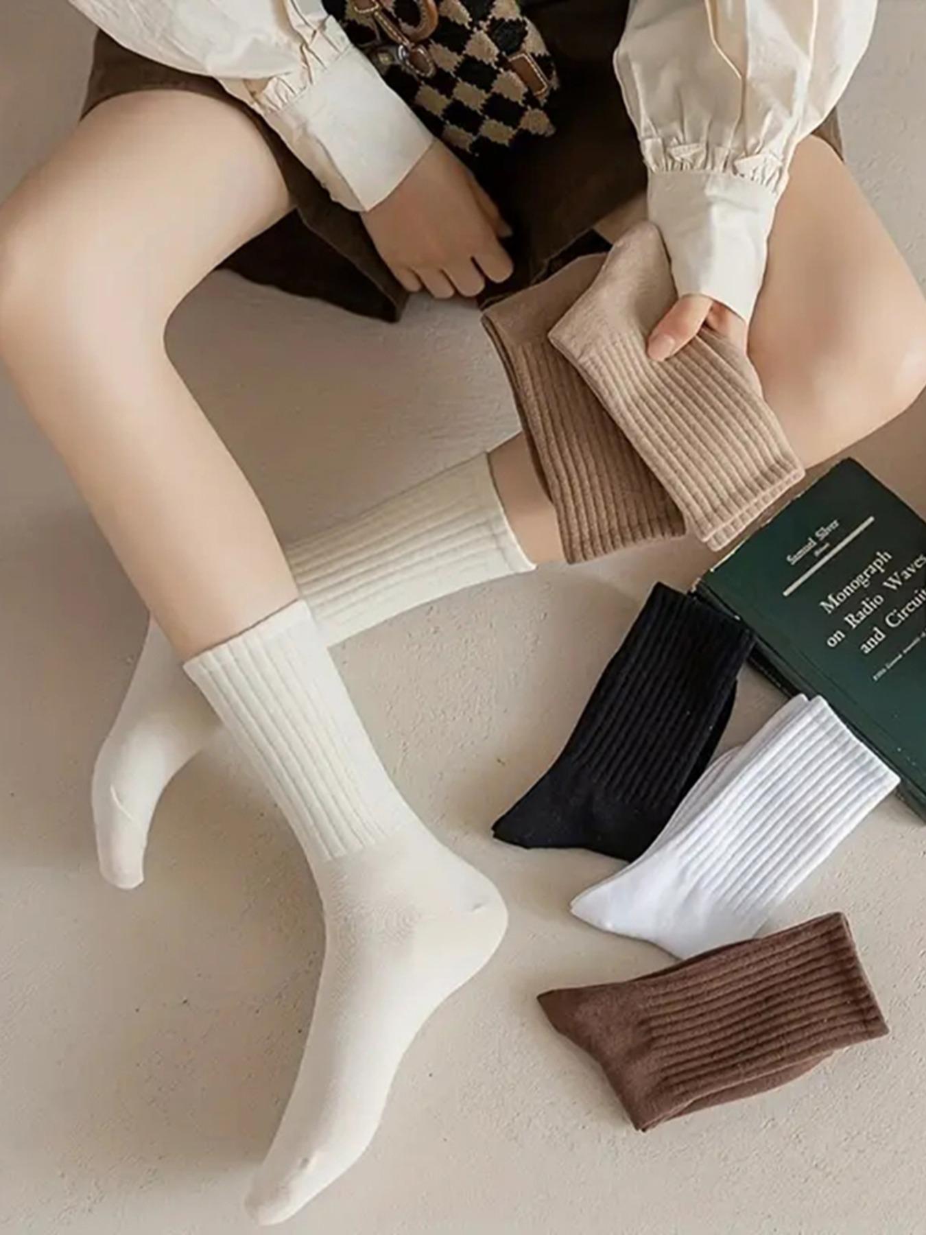 Women's 6 Pairs Solid Crew Socks, Fashion Casual Cozy Breathable Socks for Daily Wear, Women's Socks for All Seasons