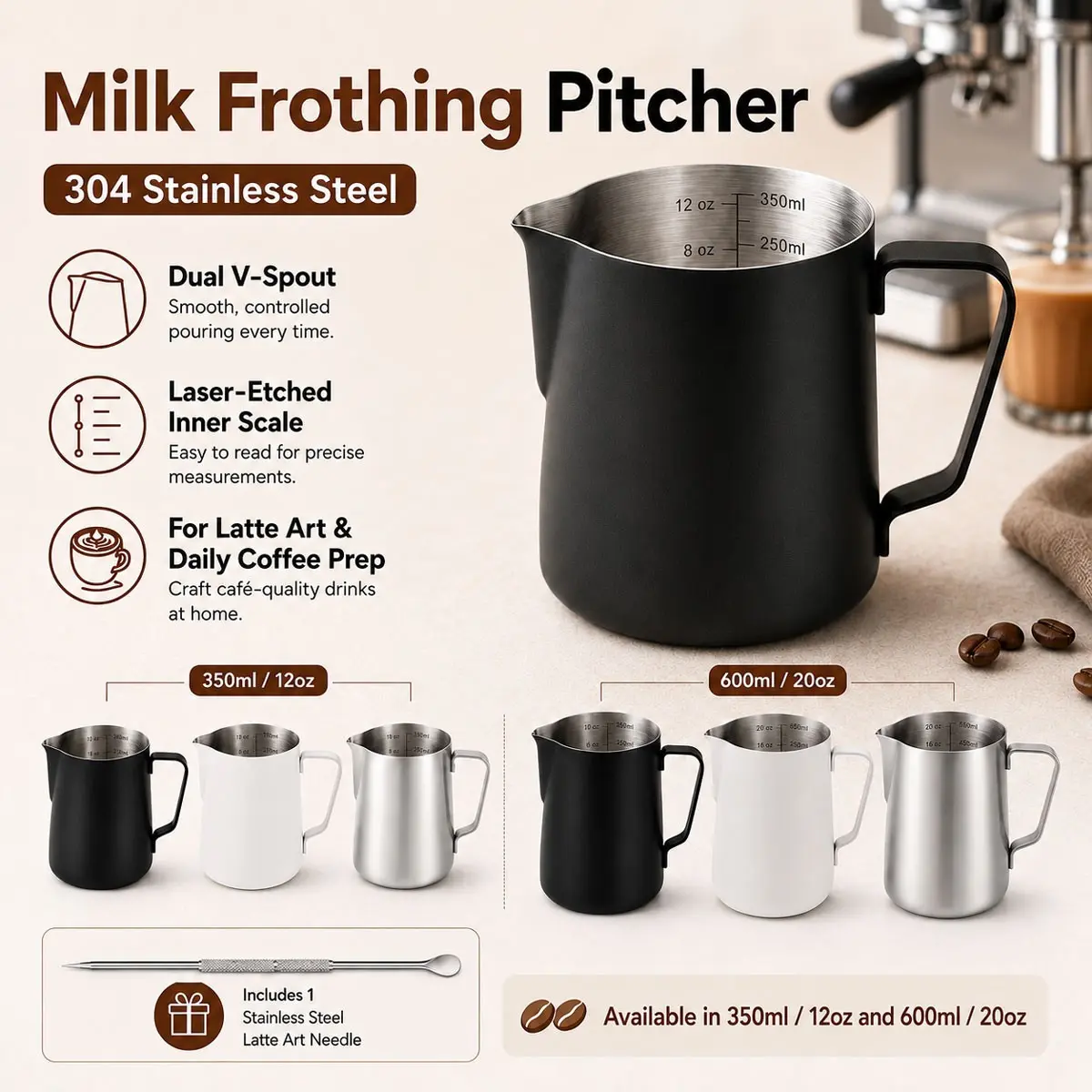 1PCS Milk Frothing Pitcher, 12oz(350ml)/20oz(600ml)-Stainless Steel Steaming Jug with Latte Art Needle, Coffee Bar Tool, Barista Milk Frothing Cup for Latte Art, Cappuccino, Coffee, (Black, Silver), Coffee Equipment, Coffee Tools