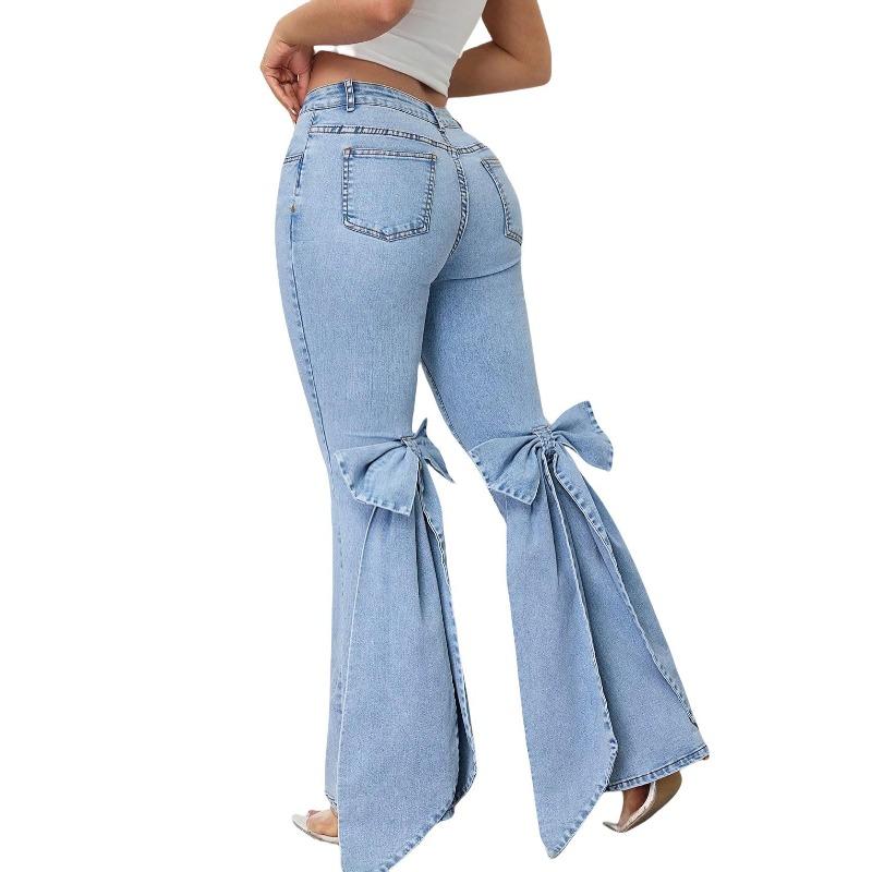 Fashion Women's Jeans High Waist Stretch Bow Trimmed Flared Jeans