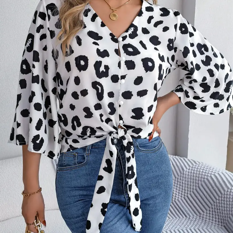 Women's Leopard Print Tie Front Flounce Sleeve Blouse, Casual Fashion Top, Casual 3/4 Sleeve V Neck Button Front Top for Summer, Casual Ruffle Blouse, Boho Shirt Blouse