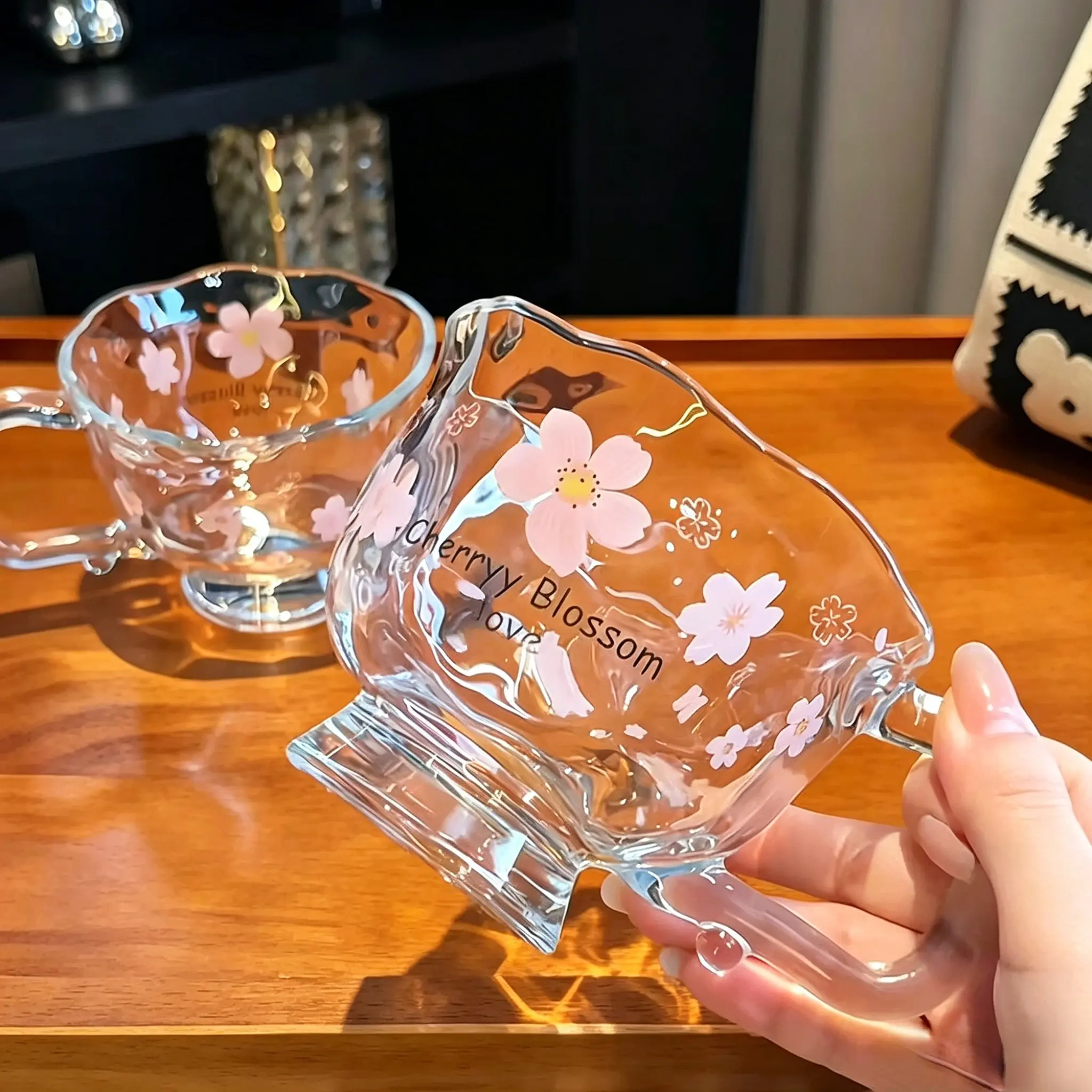 12.85oz Cherry Blossom Print Thick Glass Cup, Drinking Glass, Cute Wave Handle Heat Resistant Breakfast Cup, Multi-Purpose Glassware, Drinkware, Gift Idea