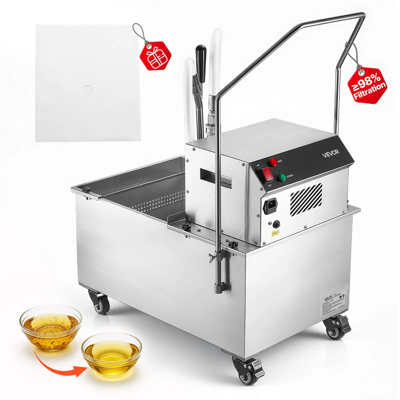 VEVOR Commercial Stainless Steel Mobile Fryer Filter Machine, 55L/14.5Gal Filter Truck Cart, 250W Deep Frying Oil Filtration System, 12 L/min Filtering Speed, for Restaurant, Burger Shop