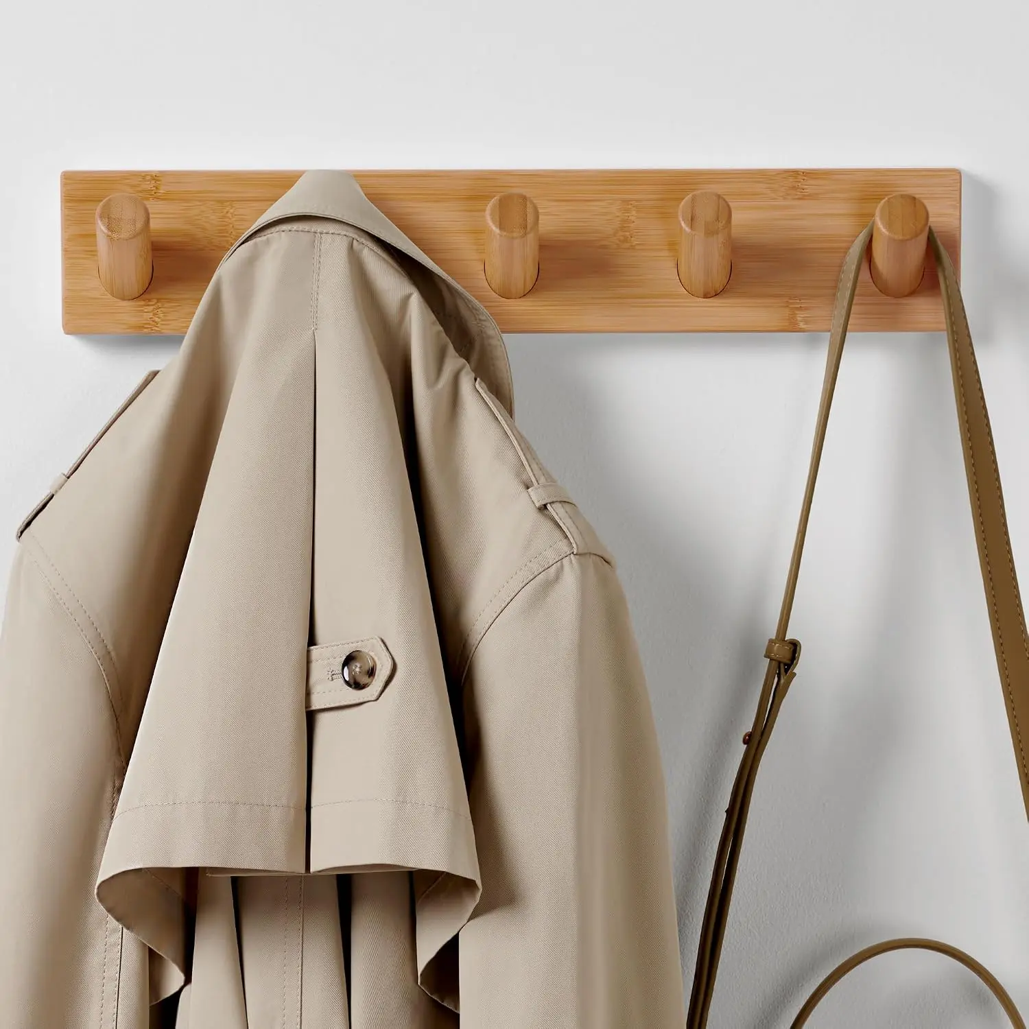 Wall Mounted Coat Rack with 5 Heavy-Duty 1" Diameter Hooks, 16.5" | Wooden Wall Hook Rack - Modern Scandinavian  Decor