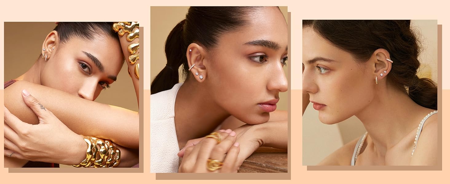 YADOCA Hoop Stud Earrings 7 Pairs 316L Surgical Steel Hypoallergenic Earrings Set for Multiple Piercing Non Tarnish Gold-Plated Cartilage Earring