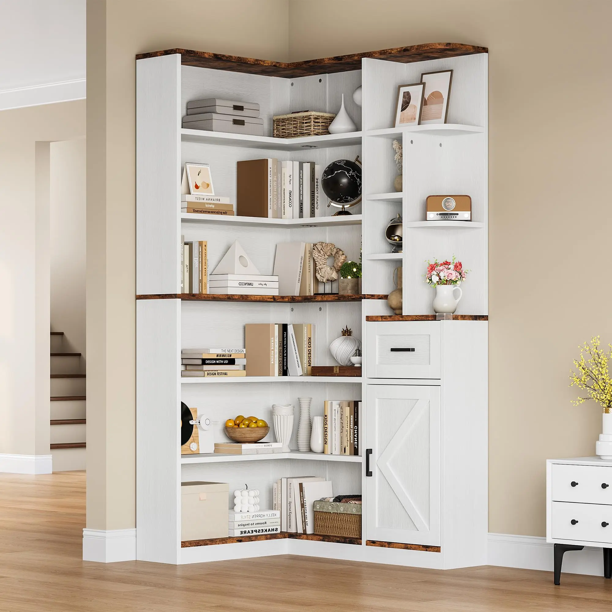 74'' Tall Corner Bookshelf - l-Shaped Bookcase with Drawer & Cabinets, 6-Tier Storage Bookshelf with Open Shelves,  Floor Standing Display Shelf for Living Room, Bedroom, Home Office