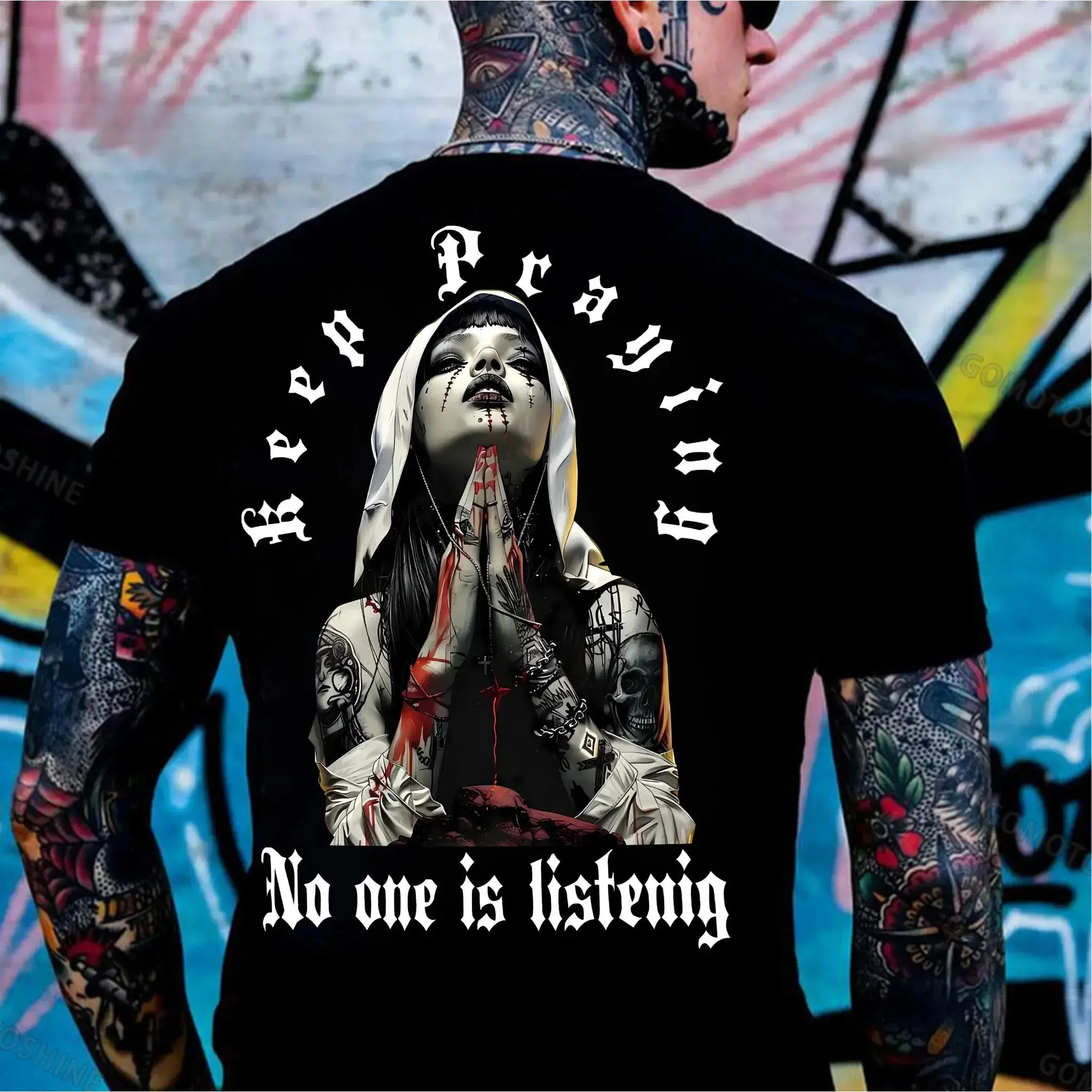 Men's Bleeding Nun Vintage Goth Graphic Tee - 100% Cotton Short Sleeve Classic Fit Retro Year-Round Casual Top for Daily Commute