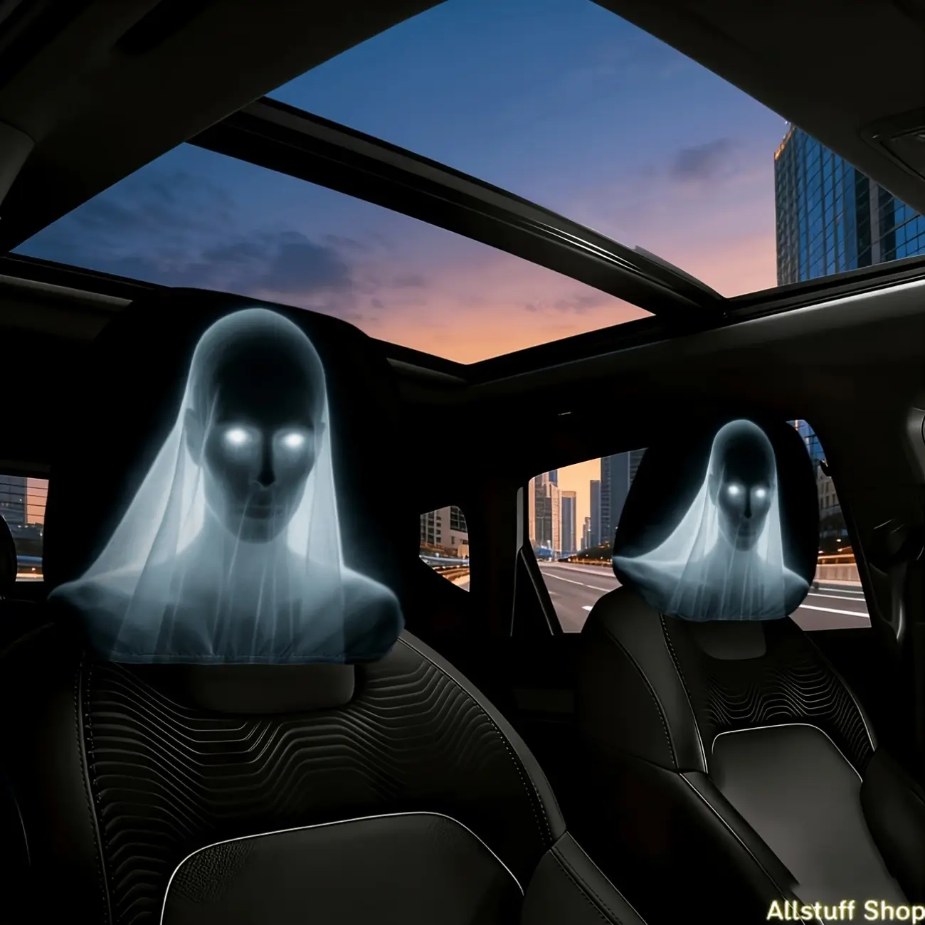 2pcs Terrifying Ghost Bride Mysterious Glowing Eyes Scar Headrest Cover, Car Interior Accessory, Washable, Easy to Install, Durable And Comfortable Car Headrest Cover, Suitable for Cars And Suvs, Suitable for Halloween, Christmas