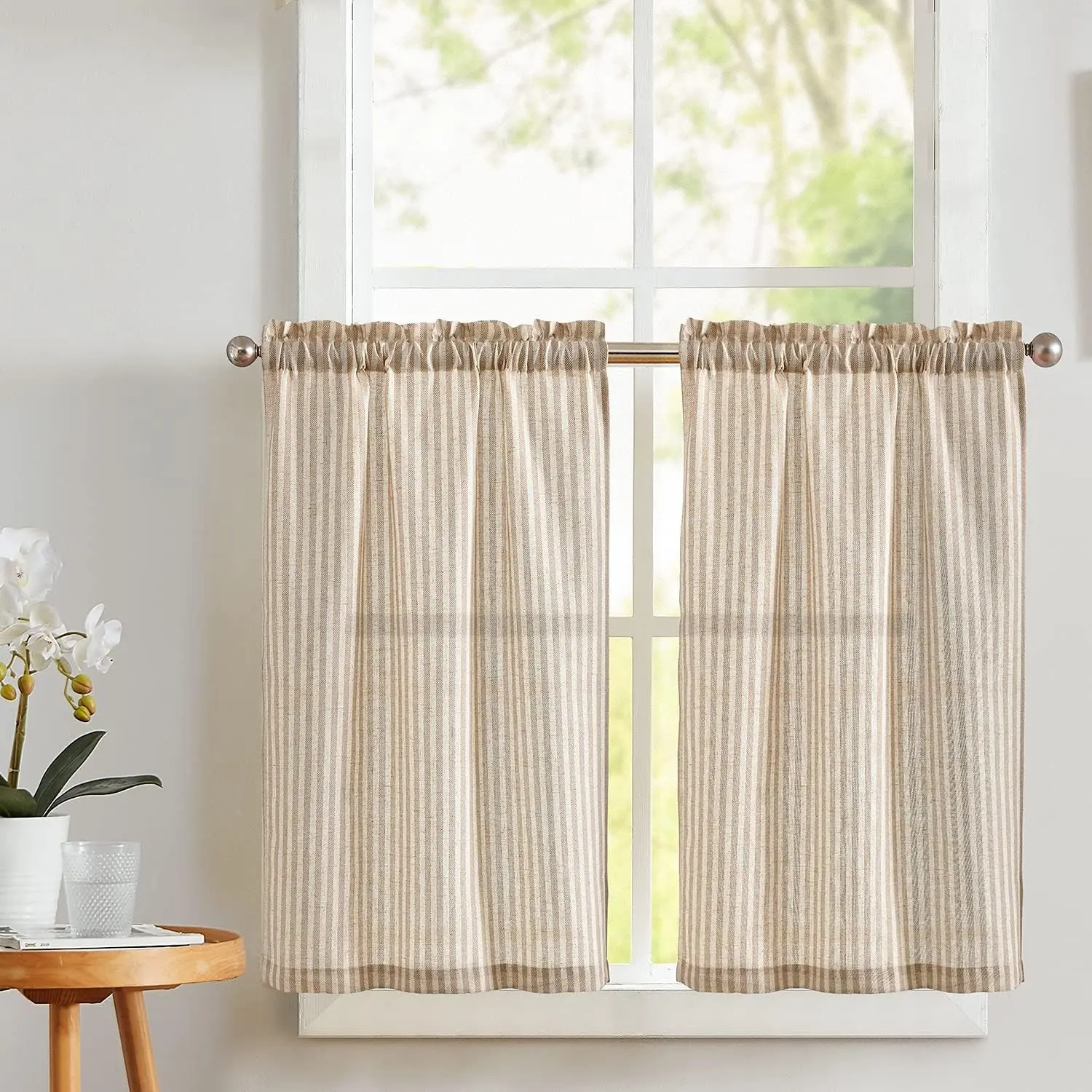 Vangao Taupe Stripe Linen Tiers Curtains 36 Inch Farmhouse 2 Panels | Light Filtering, Semi Sheer, for Kitchen, Living Room, Tickingstripe Drapes, Pinstripe, Window Treatments