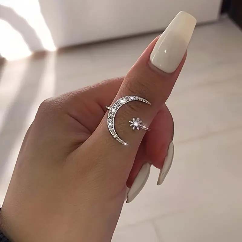 Women's Resist-Tarnish Silver-Tone Alloy Crescent Moon Open Ring - Adjustable Open Size, Sentimental Zircon Stones Crystal Rings, Dainty Statement Jewelry for Anniversary Birthday Gifts (Daily & Party Wear), Zircon Crystals, Everyday, Decorative Rings