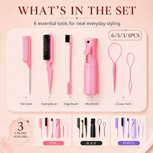 💗【Pink Styling Tools】Hairline Touch-Up Set with Tail Comb, Edge Brush & Styling Brush, Great for Smoothing Flyaways, Clean Parting, Ponytail Styling, Bun Styling & Everyday Hair Care
