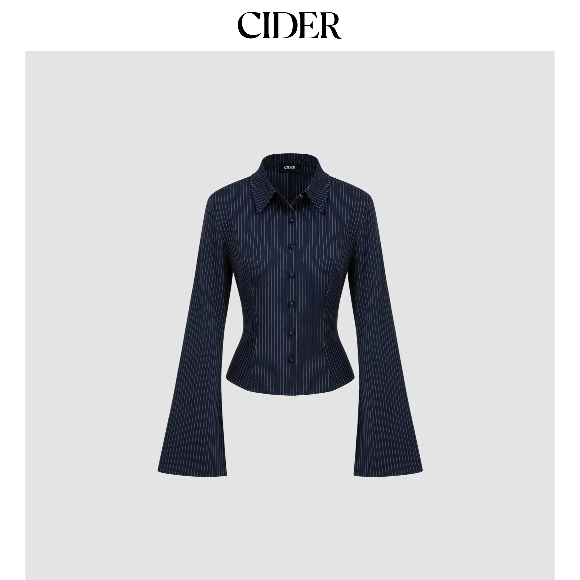 Cider Collar Striped Cinched Waist Bell Sleeve Shirt