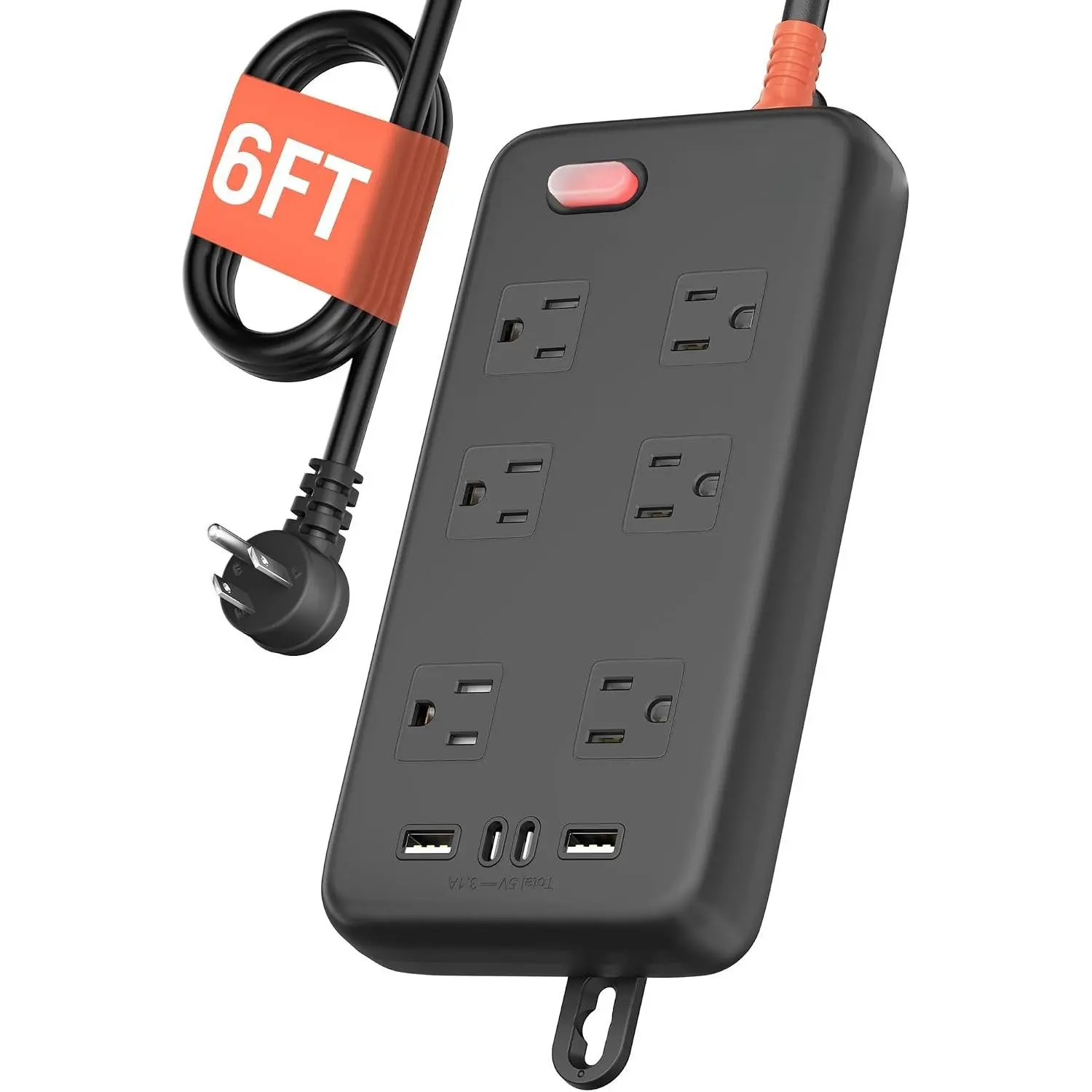 Outdoor Power Strip  IPX6, 1625W/13A, 6 Ft Extension Cord, 6 Wide Outlets & 4 USB Ports with Anti-Electric Shock, Wall Mountable for Yard, Workshop, Garage, RV