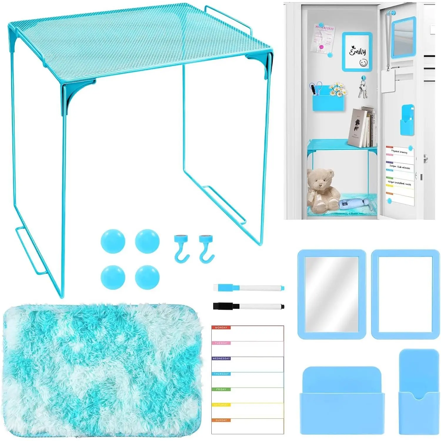 15 PCS Blue School Locker Organizer Kit with Shelf and Accessories | Locker Accessories Include Shelf, Rug, Magnetic Mirror, Whiteboard with Marker and Nails for Girls' Back to School