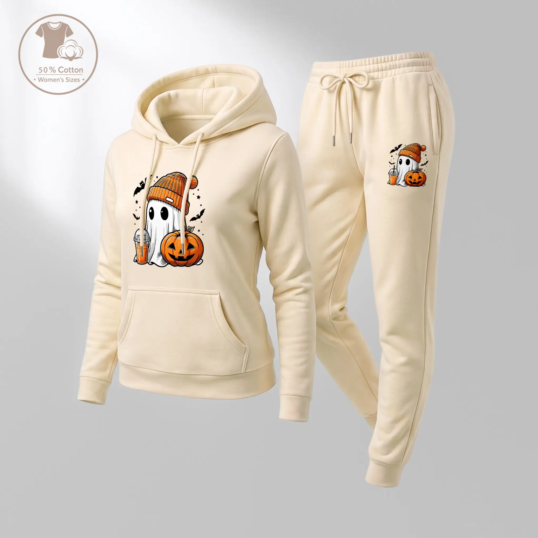 Women's Halloween Ghost & Pumpkin Graphic Hoodie and Jogger Pants 2-Piece Set, Cute Spooky Long Sleeve Pullover Sweatshirt with Drawstring Pants, Casual Fall Outfit for Lounge, Travel & Daily Wear