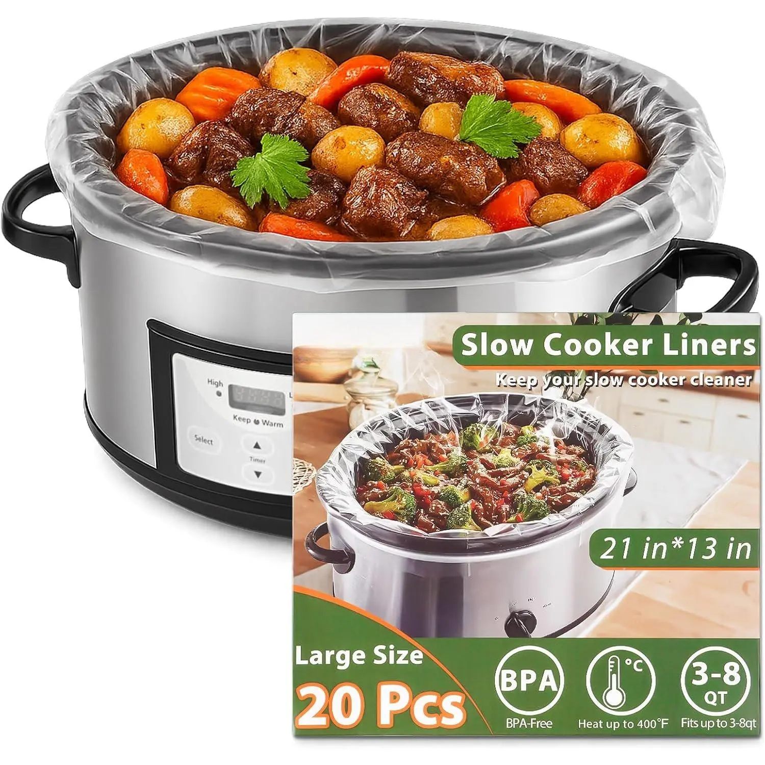 Slow Cooker Liners 3-8 Quarts Disposable Crock Pot Liners 13"x21" Mess-Free Cooking &  Cooking Bags Suitable for Oval & Round Pots High-Temperature Resistant Liners(20 Liners)