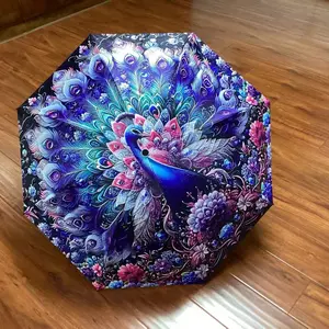 1pc Eight Bone Three-Fold Umbrella, Elegant Peacock Pattern, Compact and Stylish, Ideal for Daily Use, Perfect for Rainy Days