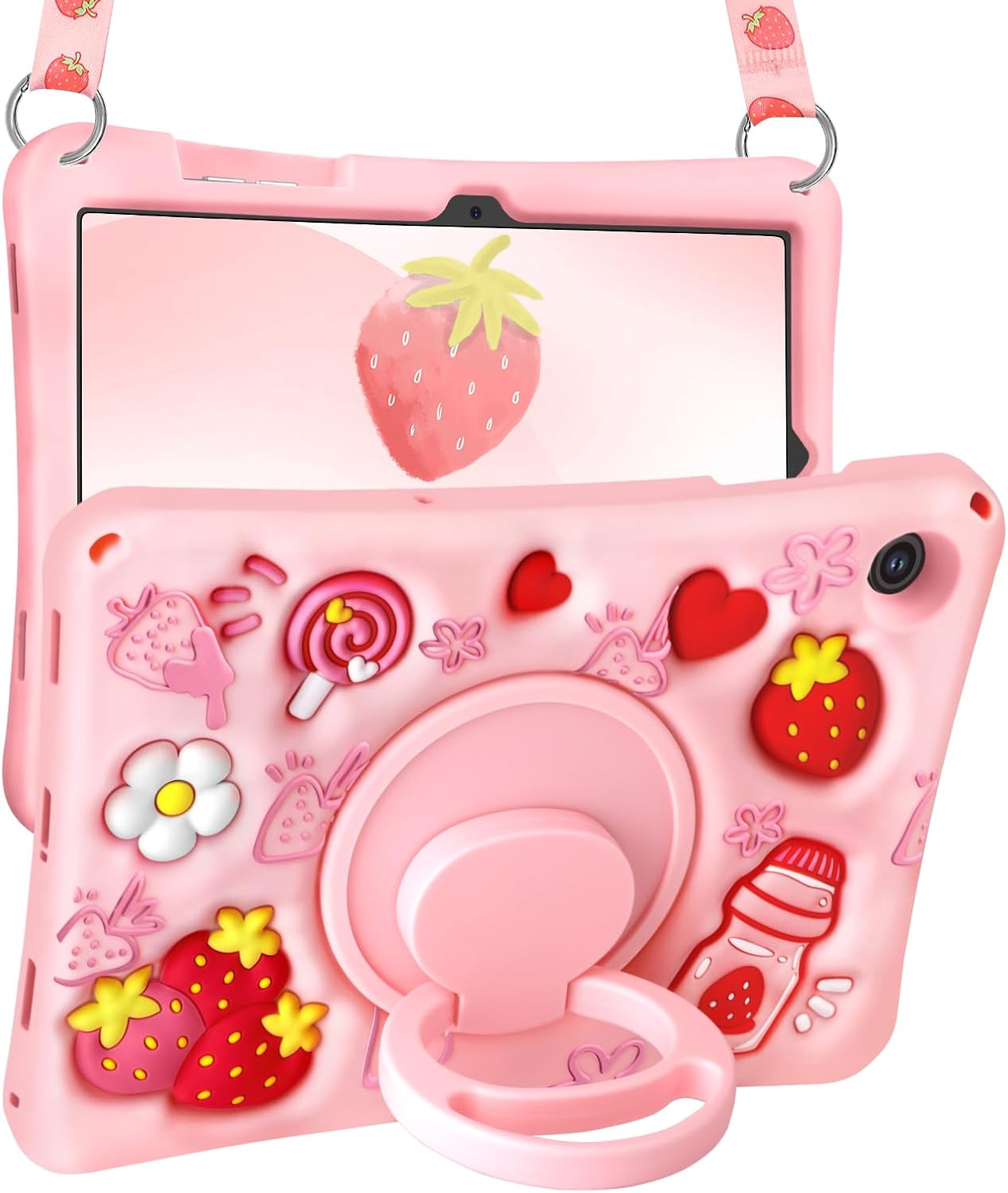 STANDARD GOODS 3C9-PCS003  for iPad A16 Case/10th Generation Case - for Girls Teens Strawberry Soft Silicone Cute with Shoulder Strap & Rotating Stand for iPad 11th Generation Case 11 Inch 2025