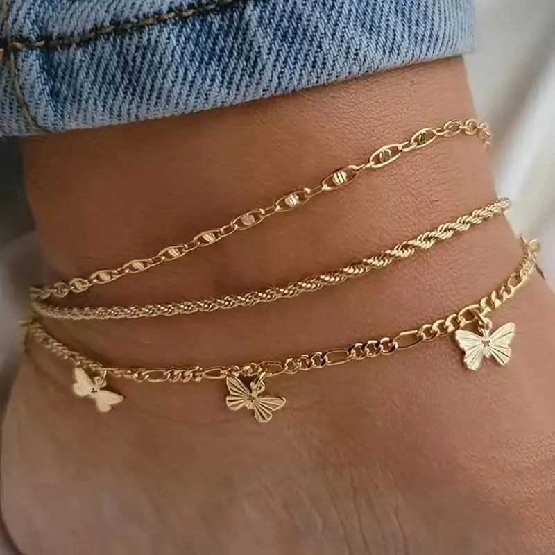 Gold Anklet Set for Women, Layered Cuban Link Heart Butterfly Ankle Bracelets, Waterproof Non Tarnish Beach Jewelry, Dainty Stackable Gold Foot Chain Set, Summer Vacation Aesthetic Accessories & Gift for Her